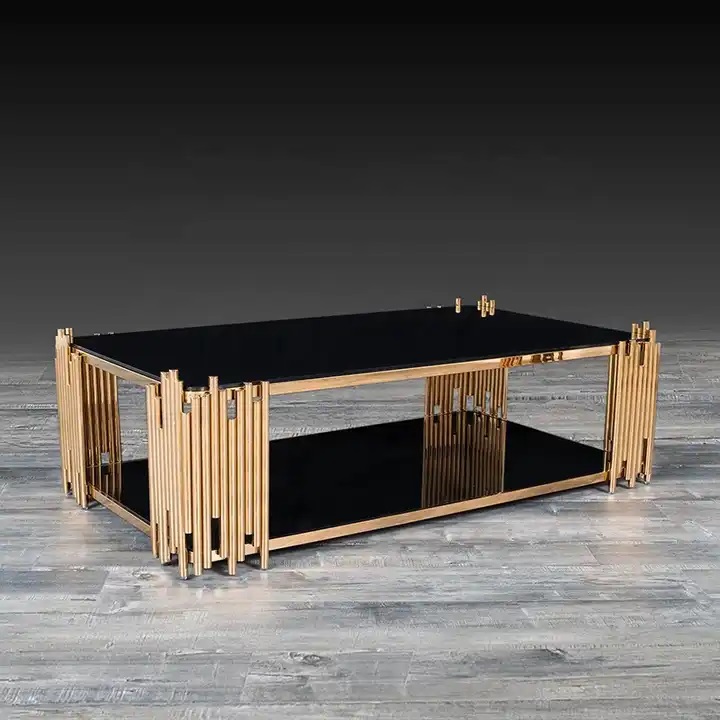 prostokątny złoty stolik kawowy z czarnym szkłem