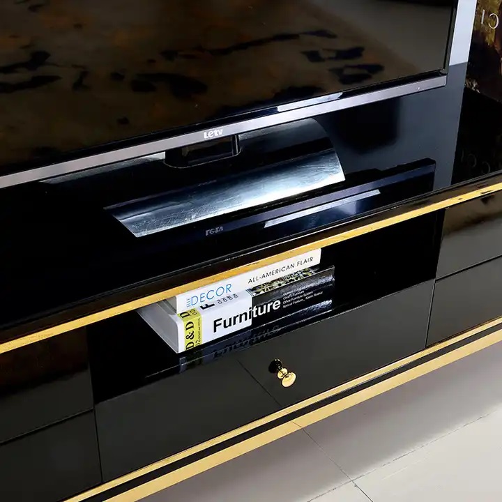 czarna komoda pod telewizor złota i lakierowana